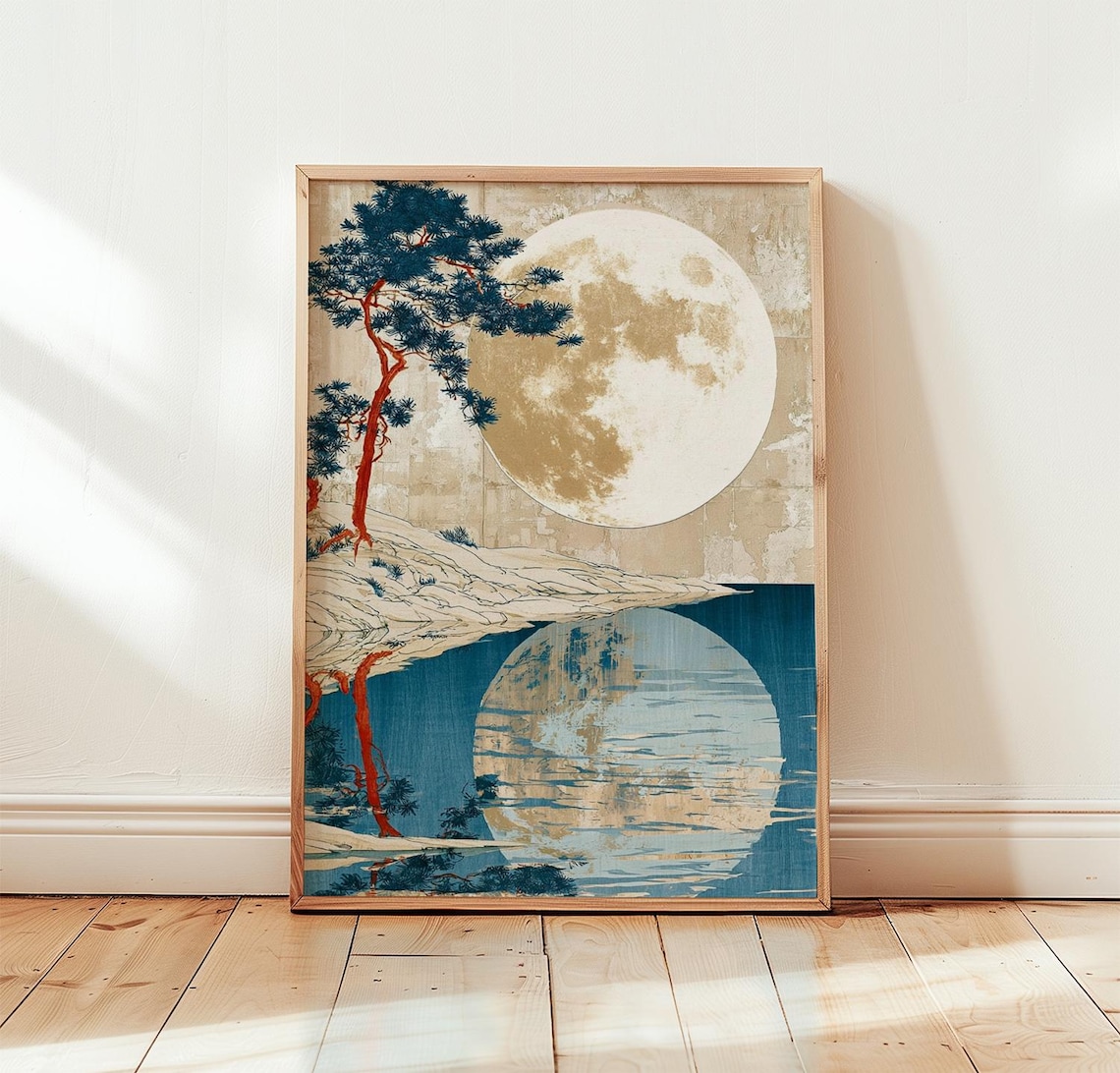 Blue Moon Lake Japanese Wall Art, Lithograph