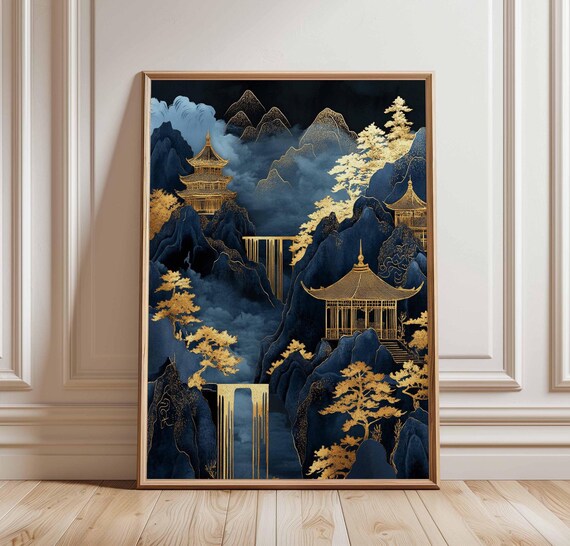 Midnight Blue Mountains With Golden Temples East Asian Art Poster