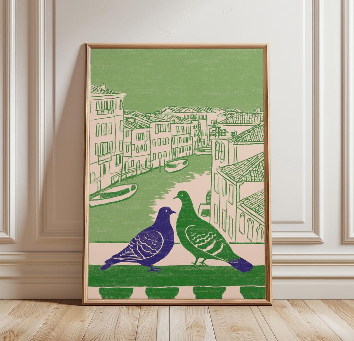 Two Pigeons On Ledge Canal City Scene Vintage Bird Illustration Poster