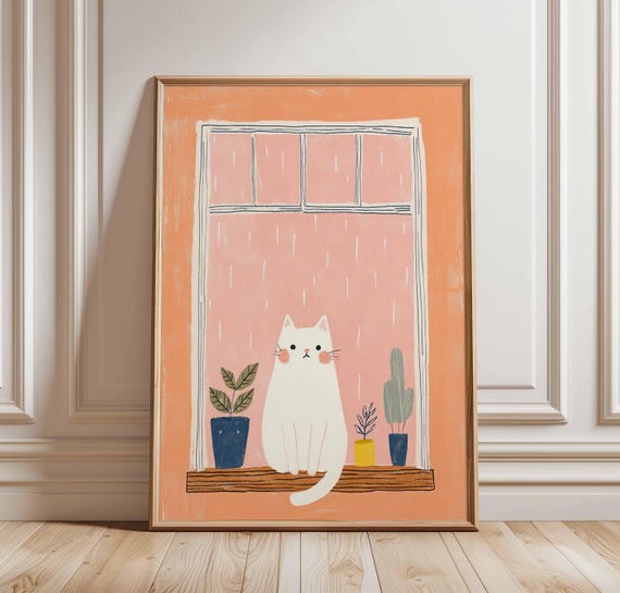 Cute Cat Window Poster Whimsical Wall Art Print Rainy Day Illustration Minimalist Decor Peach Pastel Nursery Artwork