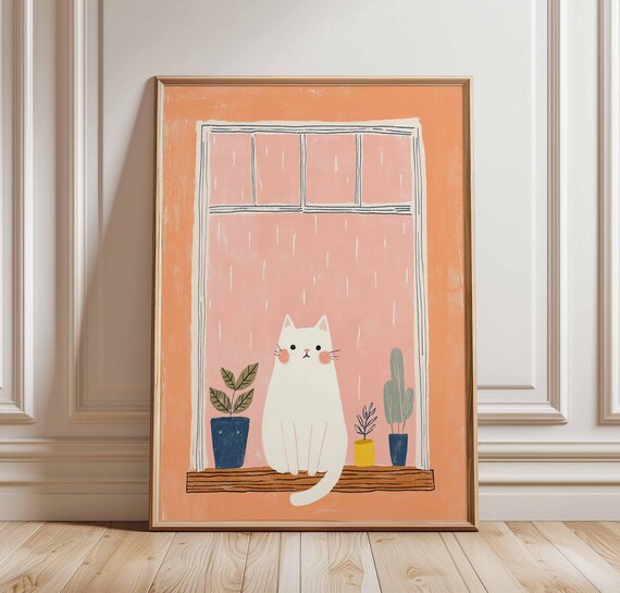 Cute White Cat at Rainy Window Whimsical Peach Nursery Wall Art