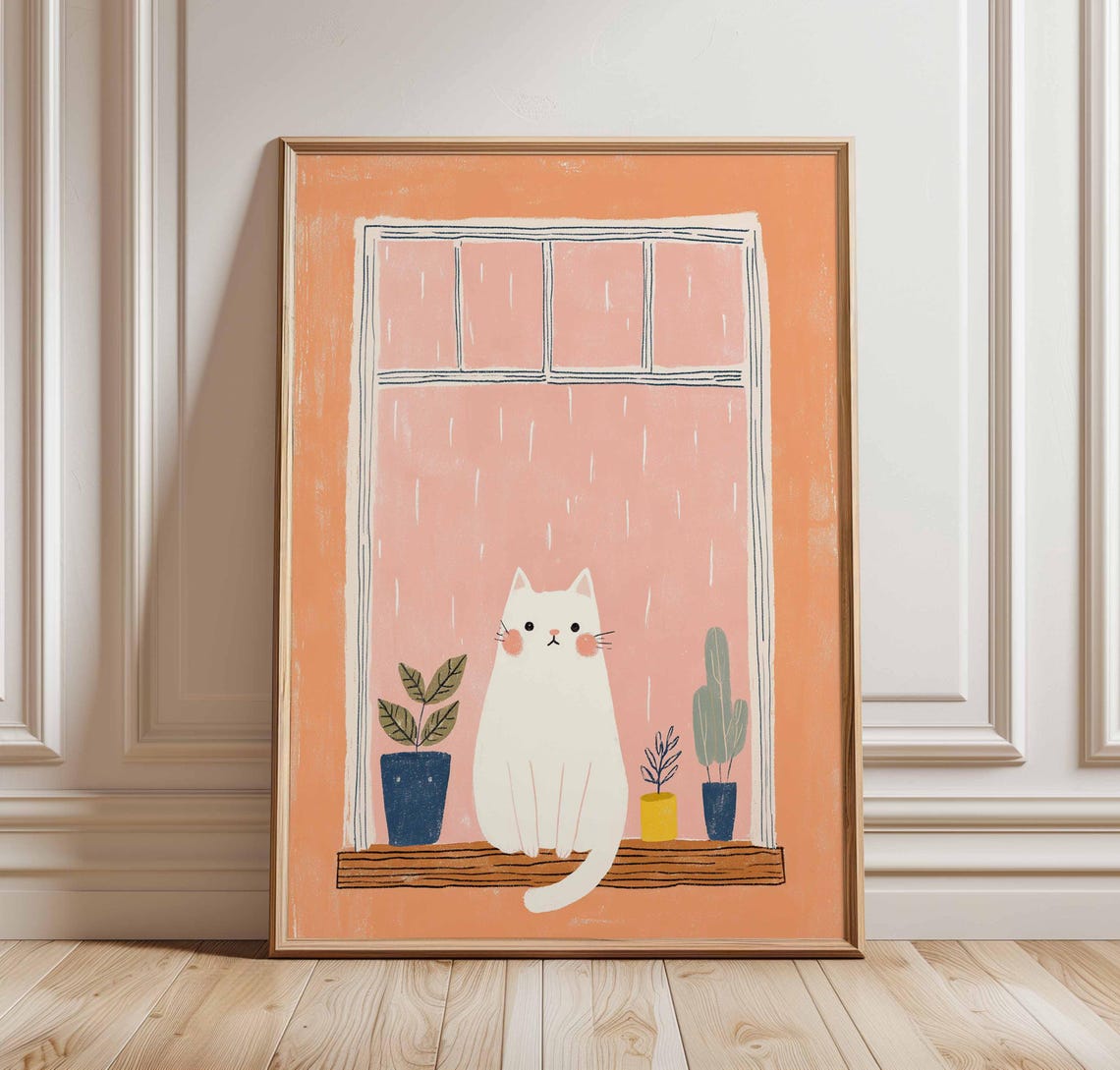 Cute White Cat at Rainy Window Whimsical Peach Nursery Wall Art