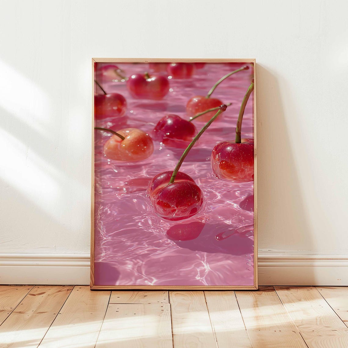 Pink Glossy Cherries Floating On Water Summer Fruit Pop Art Poster