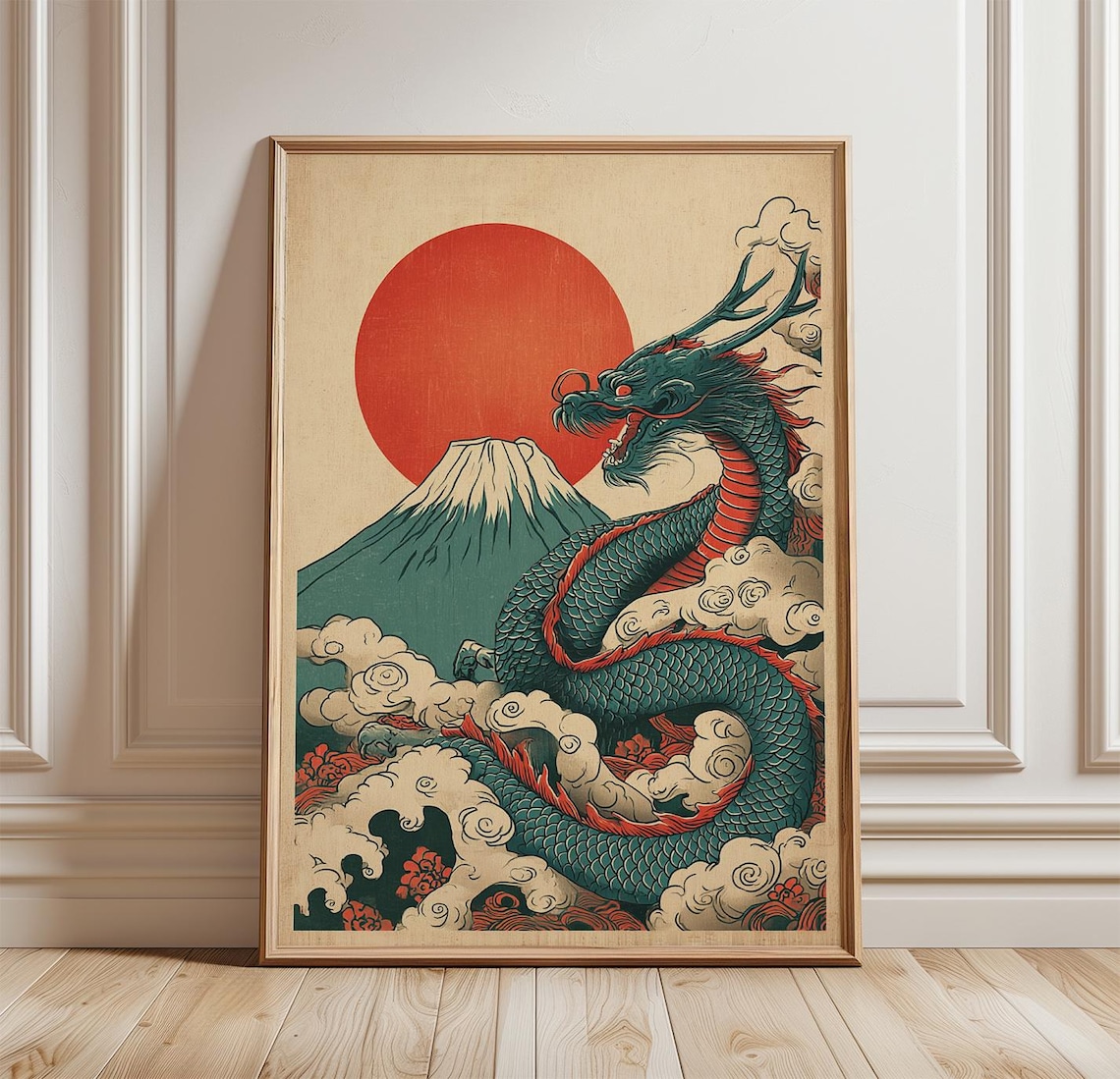 Japanese Dragon And Mount Fuji, Vintage Ukiyo Style