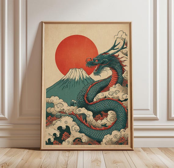 Japanese Dragon And Mount Fuji, Vintage Ukiyo Style