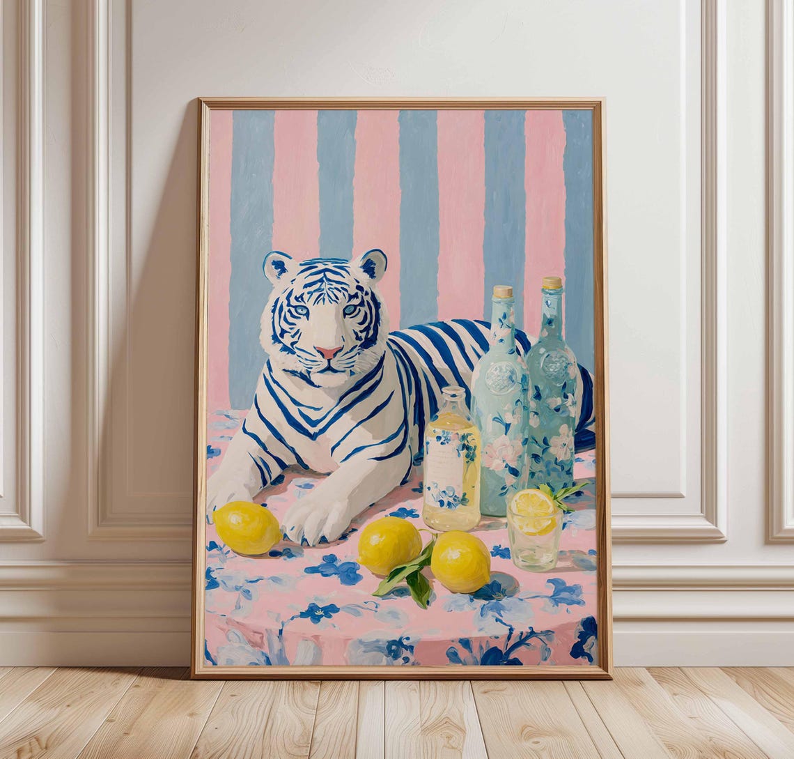 Blue Striped Tiger With Lemons Whimsical Cocktail Art Poster