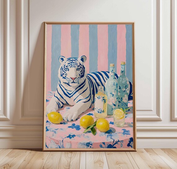 Lemon Tiger Wall Art Print Whimsical Jungle Cocktail Poster Pink And Blue Animal Decor Bold Exotic Still Life Illustration