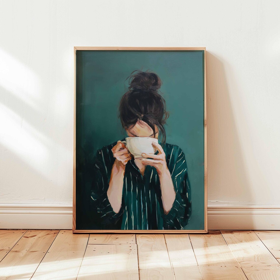 Woman Drinking Coffee Dark Teal Moody Morning Ritual Painting Poster