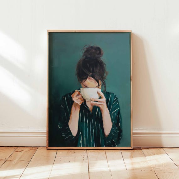 Moody Coffee Woman Poster Dark Teal Wall Art Cozy Figurative Portrait Print Introspective Modern Decor Morning Ritual Unframed