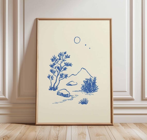 Minimalist Desert Landscape Print Blue Line Art Poster Modern Abstract Nature Drawing Scandinavian Style Wall Decor