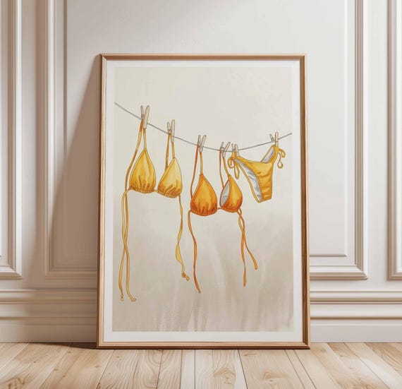 Bikini Poster Print Summer Swimsuit Wall Art Yellow Laundry Line Decor Beach Vibes Illustration Minimalist Unframed Artwork