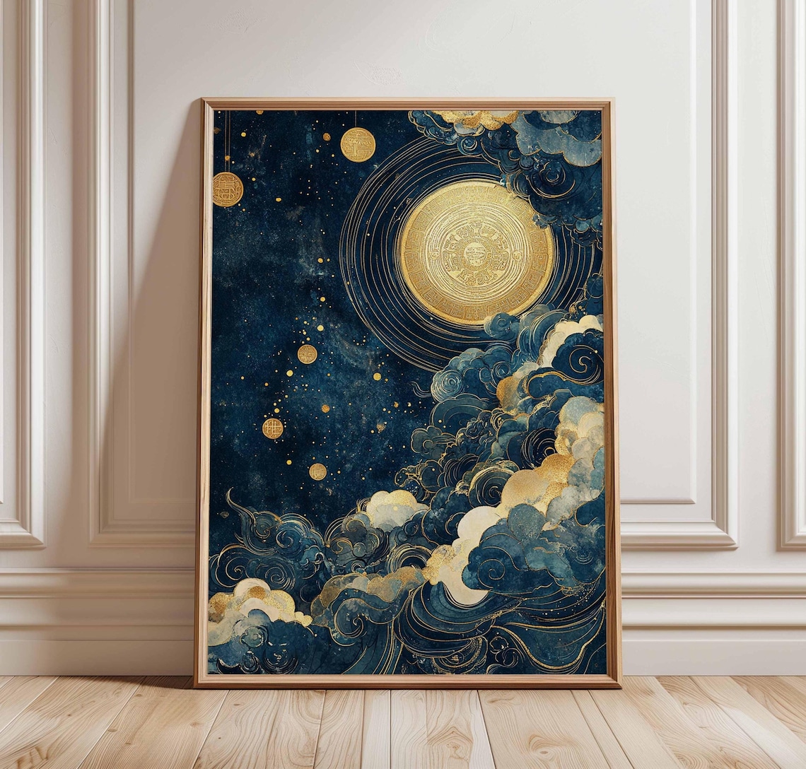 Golden Moon Cloud Poster, Abstract Celestial Art
