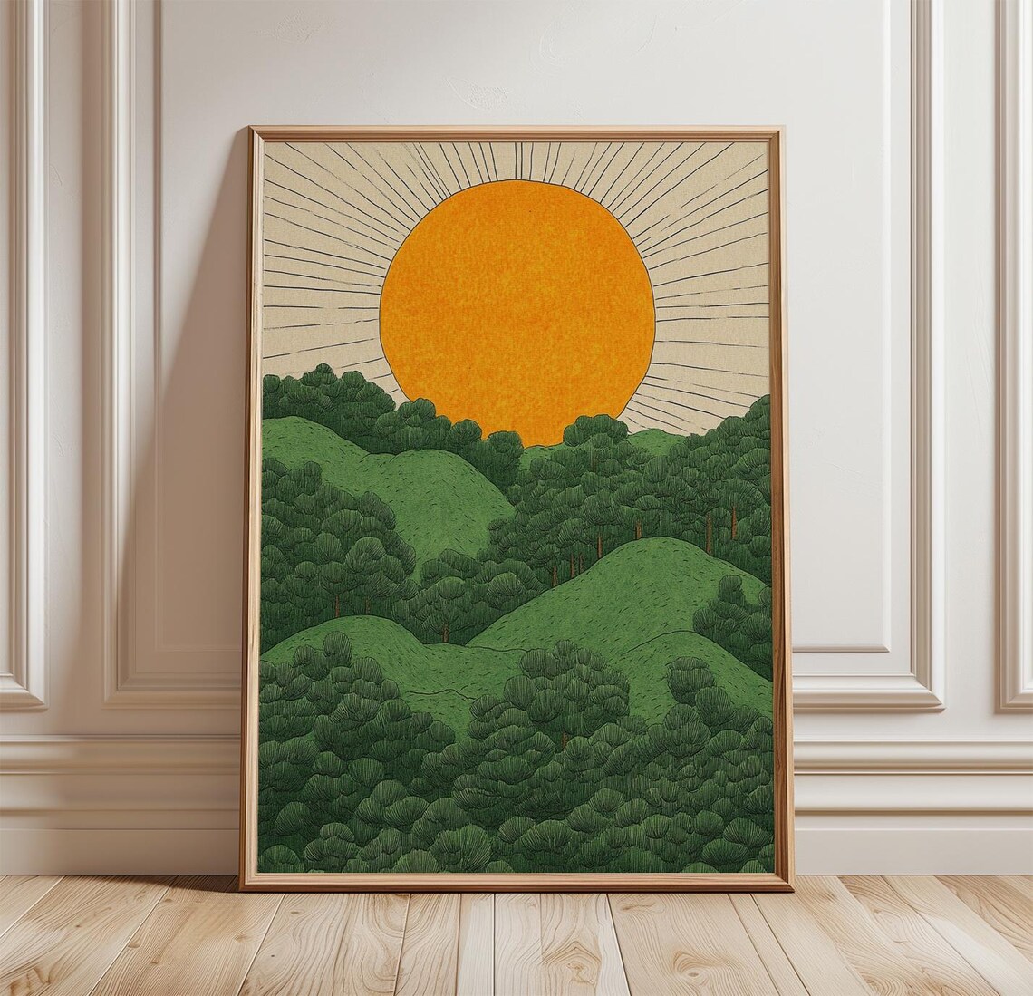 Green Hills Sunset, Retro Style Landscape Art Print