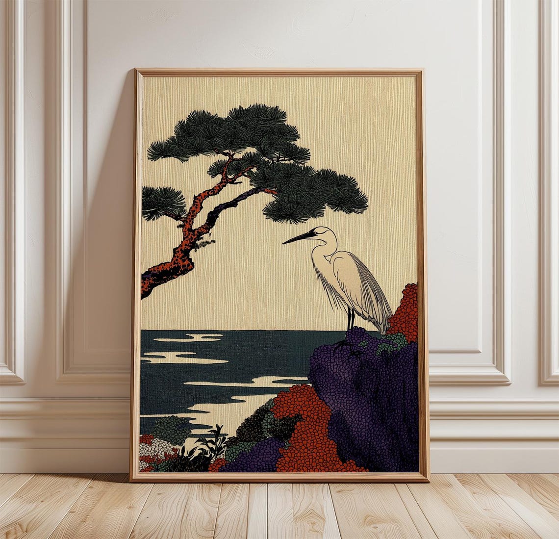 Japanese Woodblock White Egret Pine Shore Red Foliage Art Poster