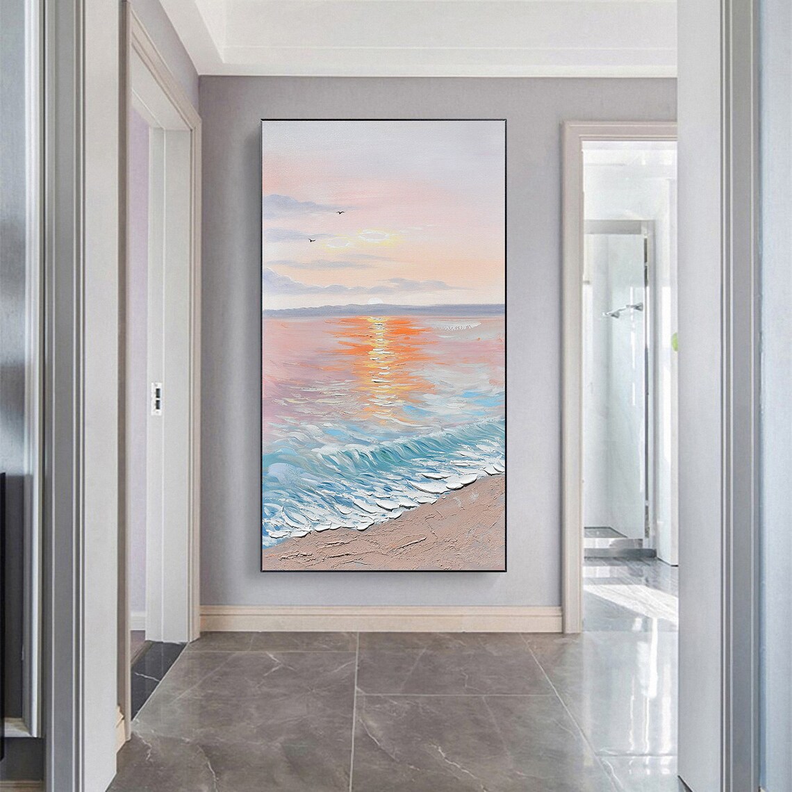 Serene Soft Pastel Beach Sunrise Waves Minimalist Ocean Art Poster - Image 4