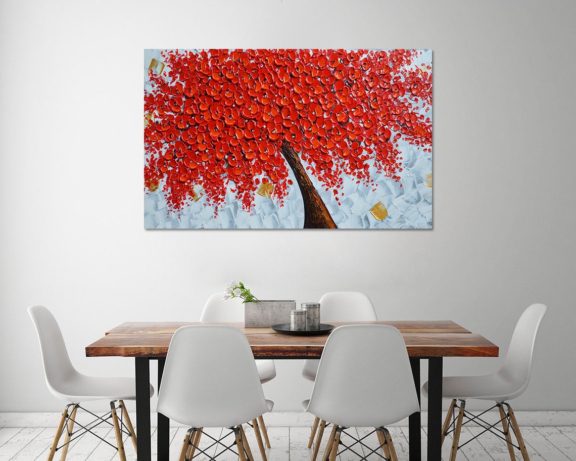 Fiery Red Blossom Tree on Pale Blue Palette Knife Floral Poster - Image 3
