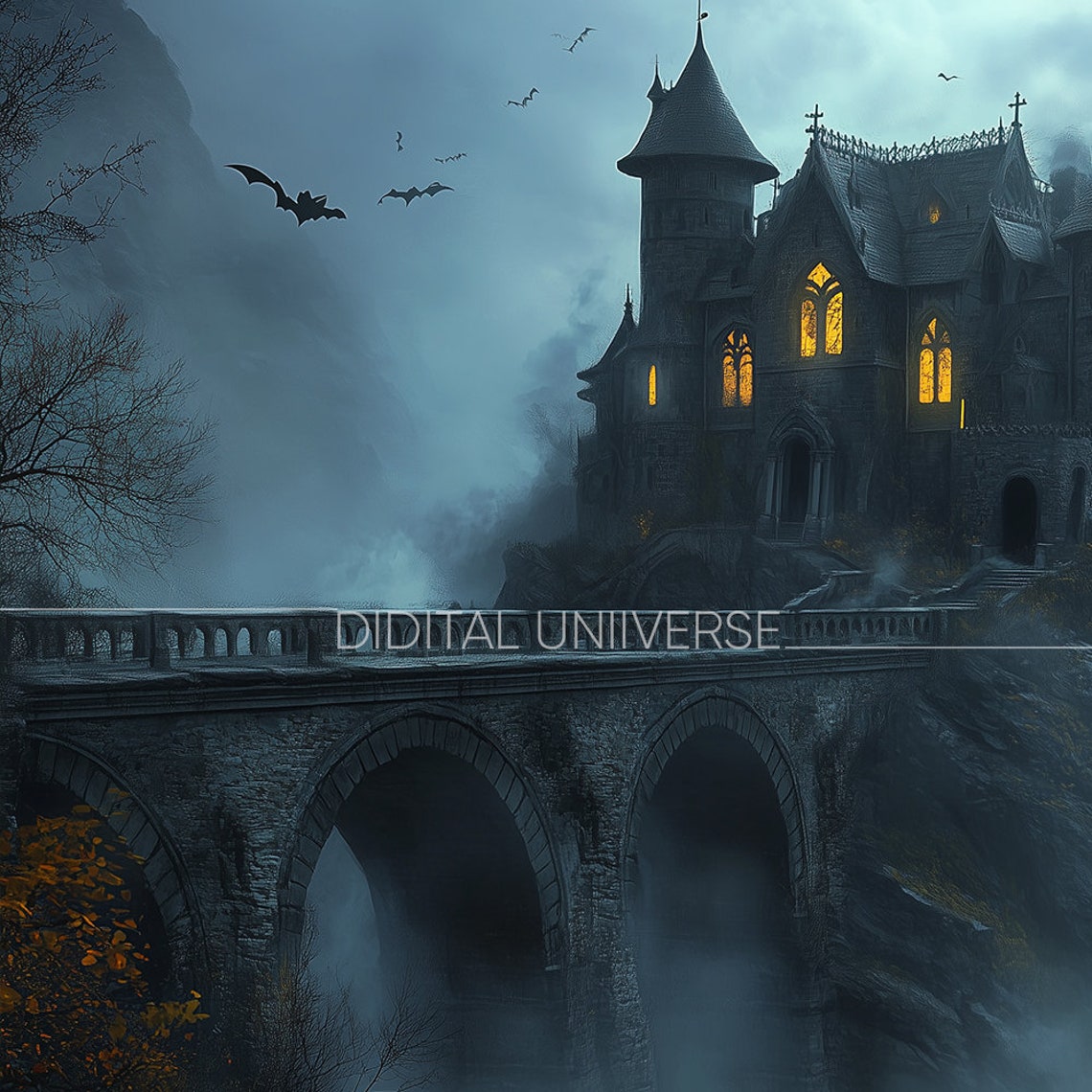 Gothic Haunted Castle on Cliff Moody Nightmare Halloween Wall Art - Image 4