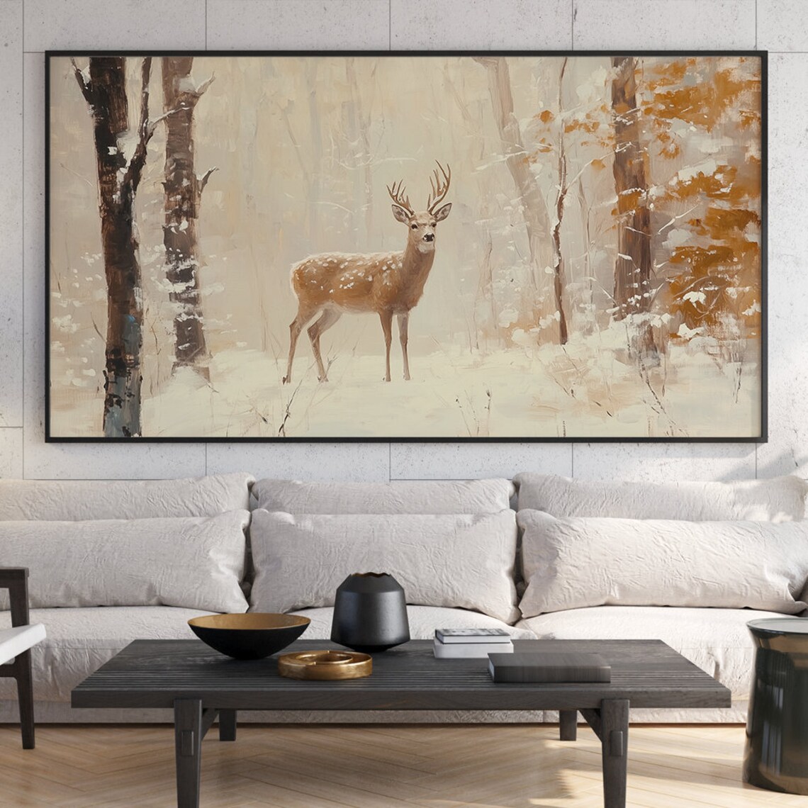 Stag Deer in Snowy Winter Forest Moody Oil Painting Wall Art - Image 5
