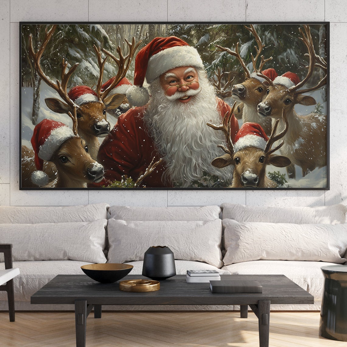Santa Claus Selfie with Reindeer in Hats Festive Christmas Poster - Image 6
