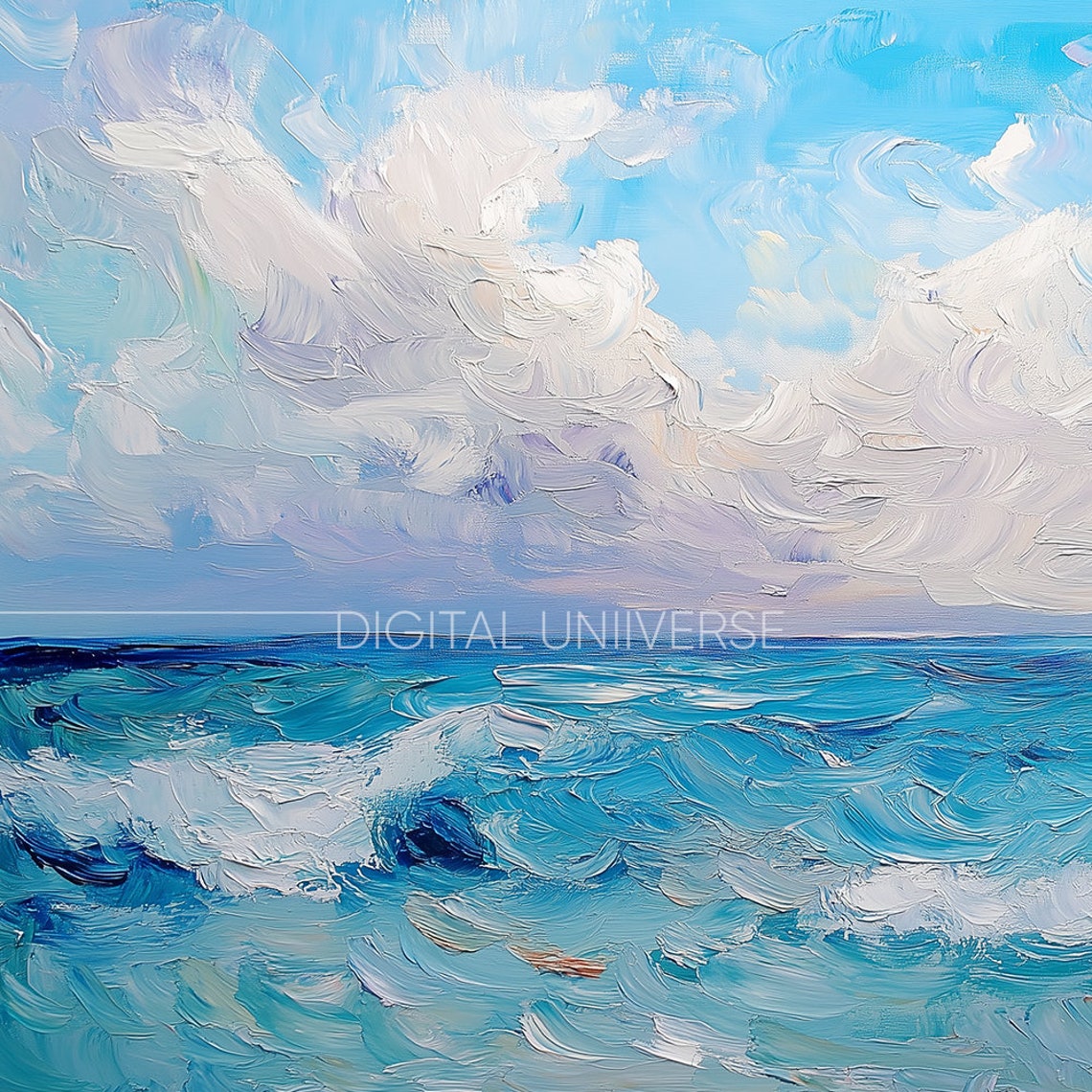 Turquoise Ocean and White Clouds Impasto Seascape Art Wall Art - Image 3
