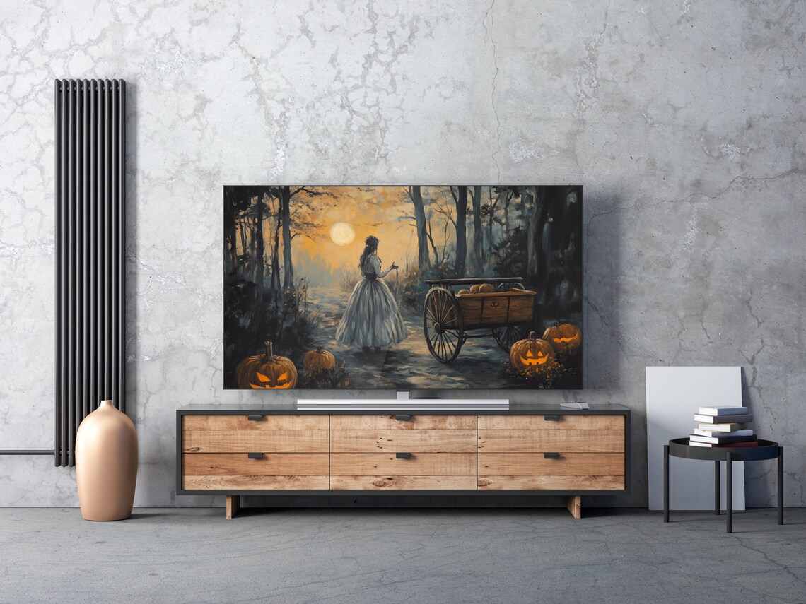 Woman Gray Gown Pumpkin Cart Moonlit Forest Jack O Lanterns Poster - Image 7