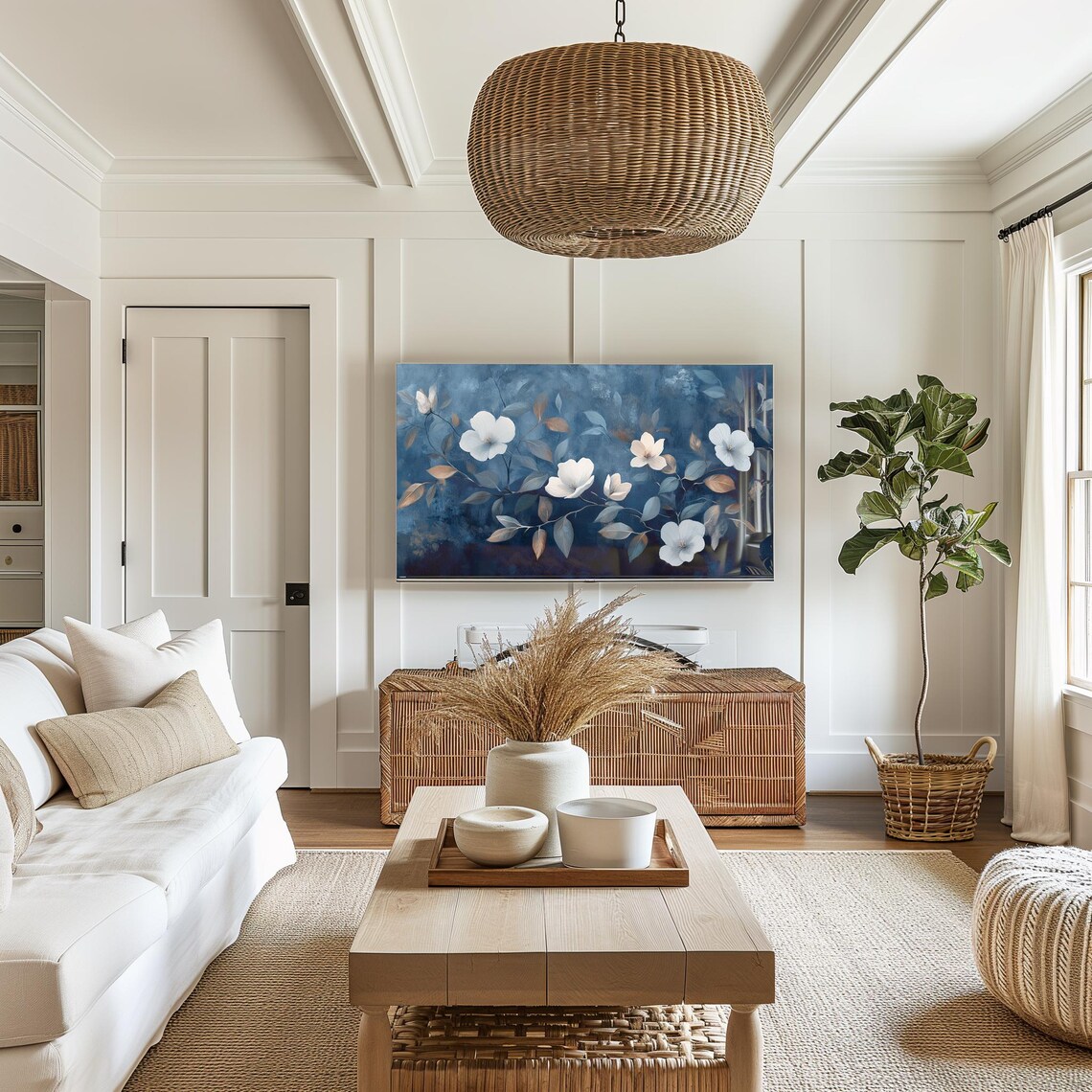 White Flowers on Deep Navy Blue Moody Floral Painting Wall Art - Image 7
