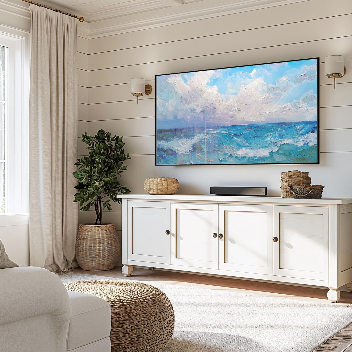 Turquoise Ocean and White Clouds Impasto Seascape Art Wall Art - Image 4