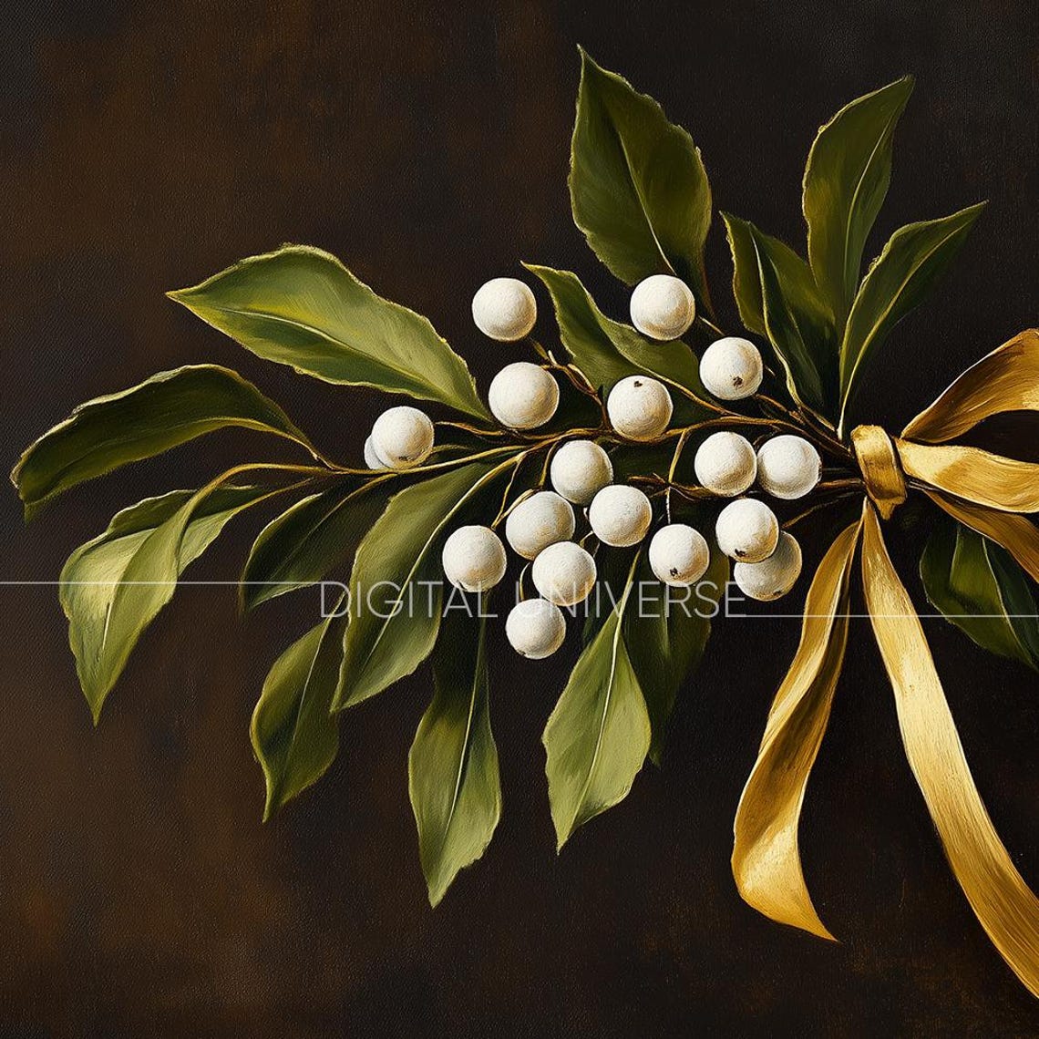 Mistletoe with White Berries Tied in Gold Ribbon Holiday Wall Art - Image 4