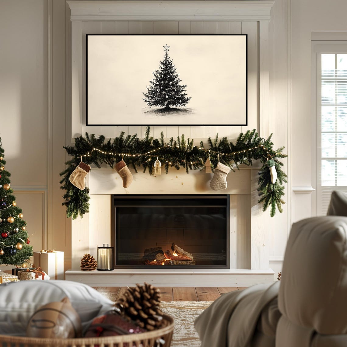 Minimalist Black Christmas Tree Sketch Cream Background Wall Art - Image 7