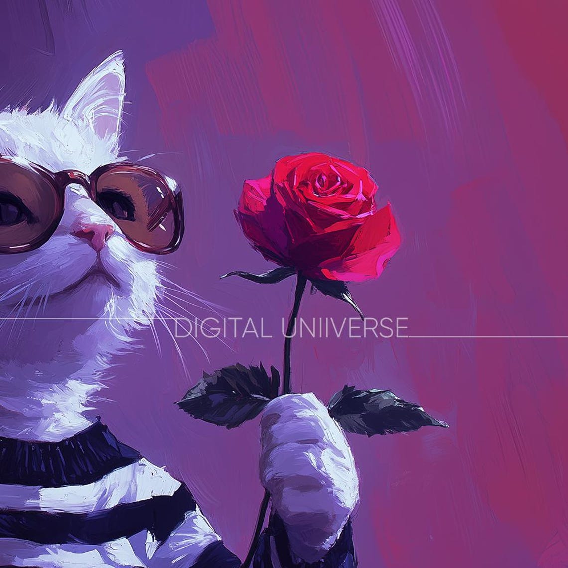 Cool White Cat with Sunglasses Holding Red Rose Valentine Poster - Image 3