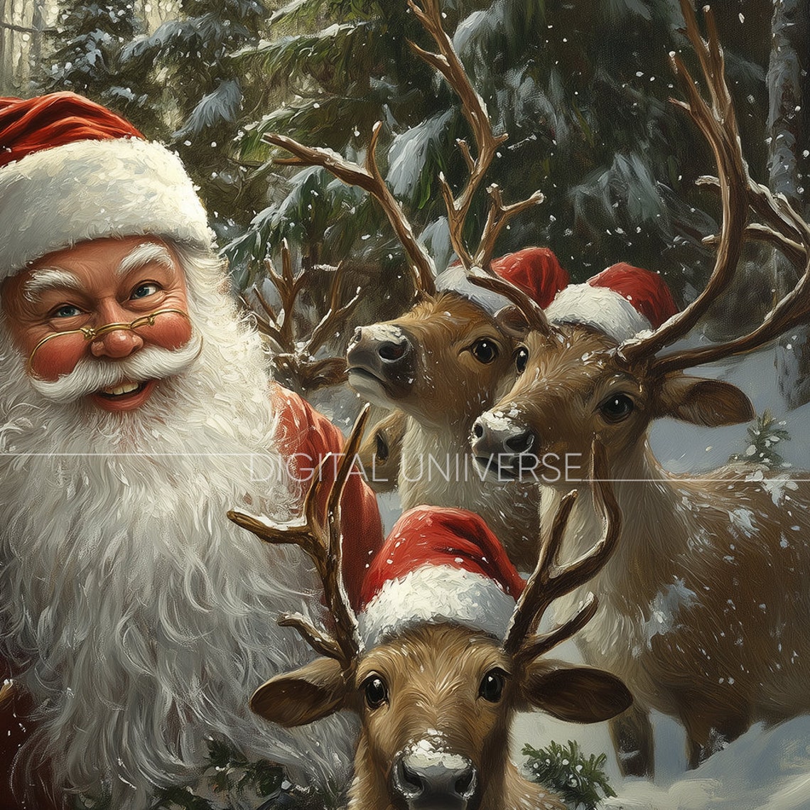 Santa Claus Selfie with Reindeer in Hats Festive Christmas Poster - Image 4