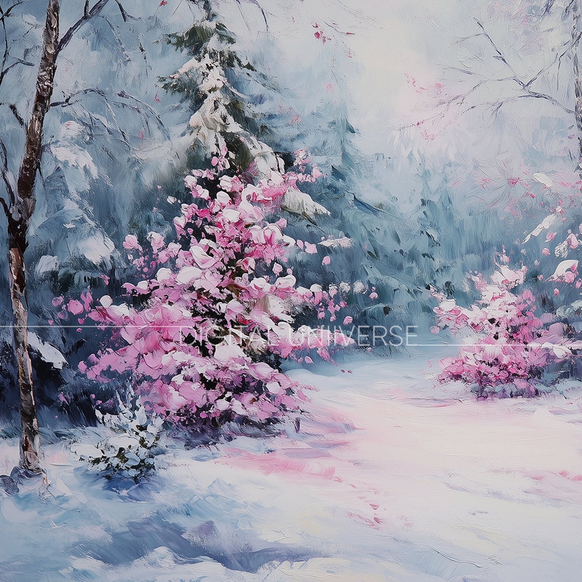 Pink Blossom Bushes Snowy Forest Path Spring Winter Painting Poster - Image 4
