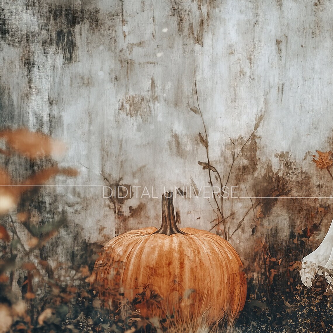 Cute Ghost and Pumpkin in Misty Autumn Forest Halloween Poster - Image 3