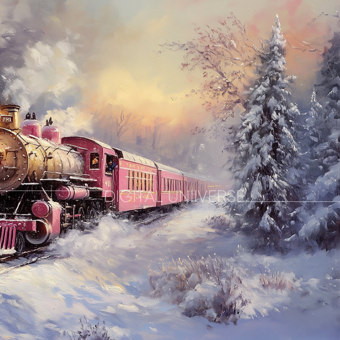 Vintage Steam Locomotive Snowstorm Red Passenger Train Painting Poster - Image 3