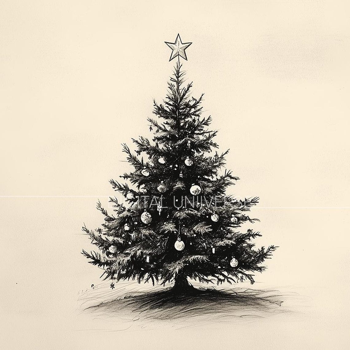 Minimalist Black Christmas Tree Sketch Cream Background Wall Art - Image 4