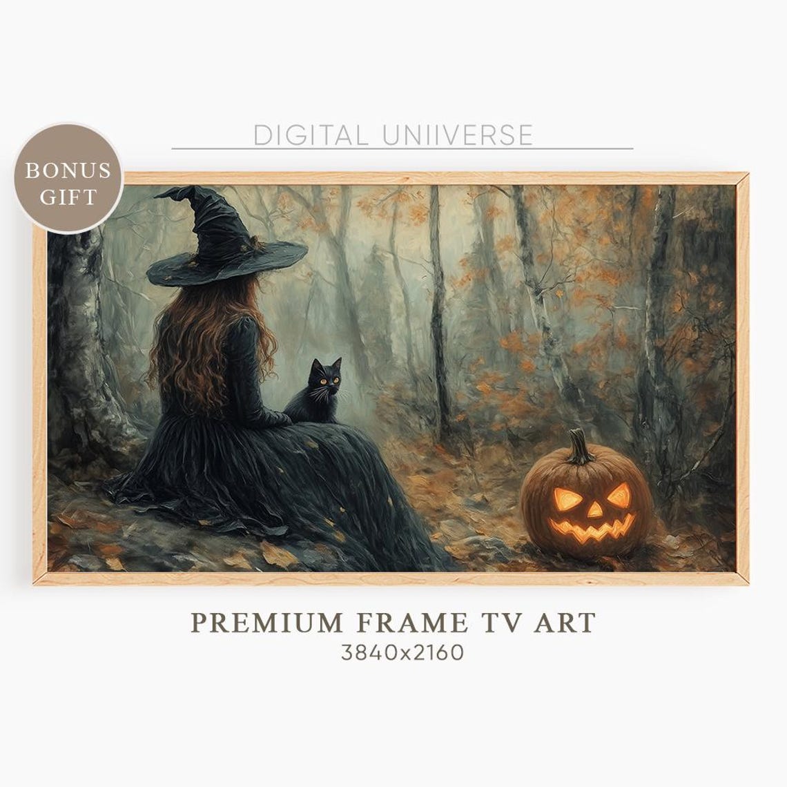 Witch with Black Cat and Jack O Lantern Forest Halloween Poster