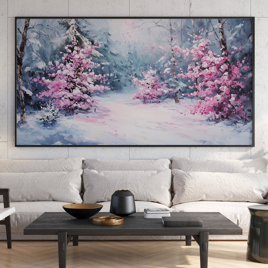 Pink Blossom Bushes Snowy Forest Path Spring Winter Painting Poster - Image 6