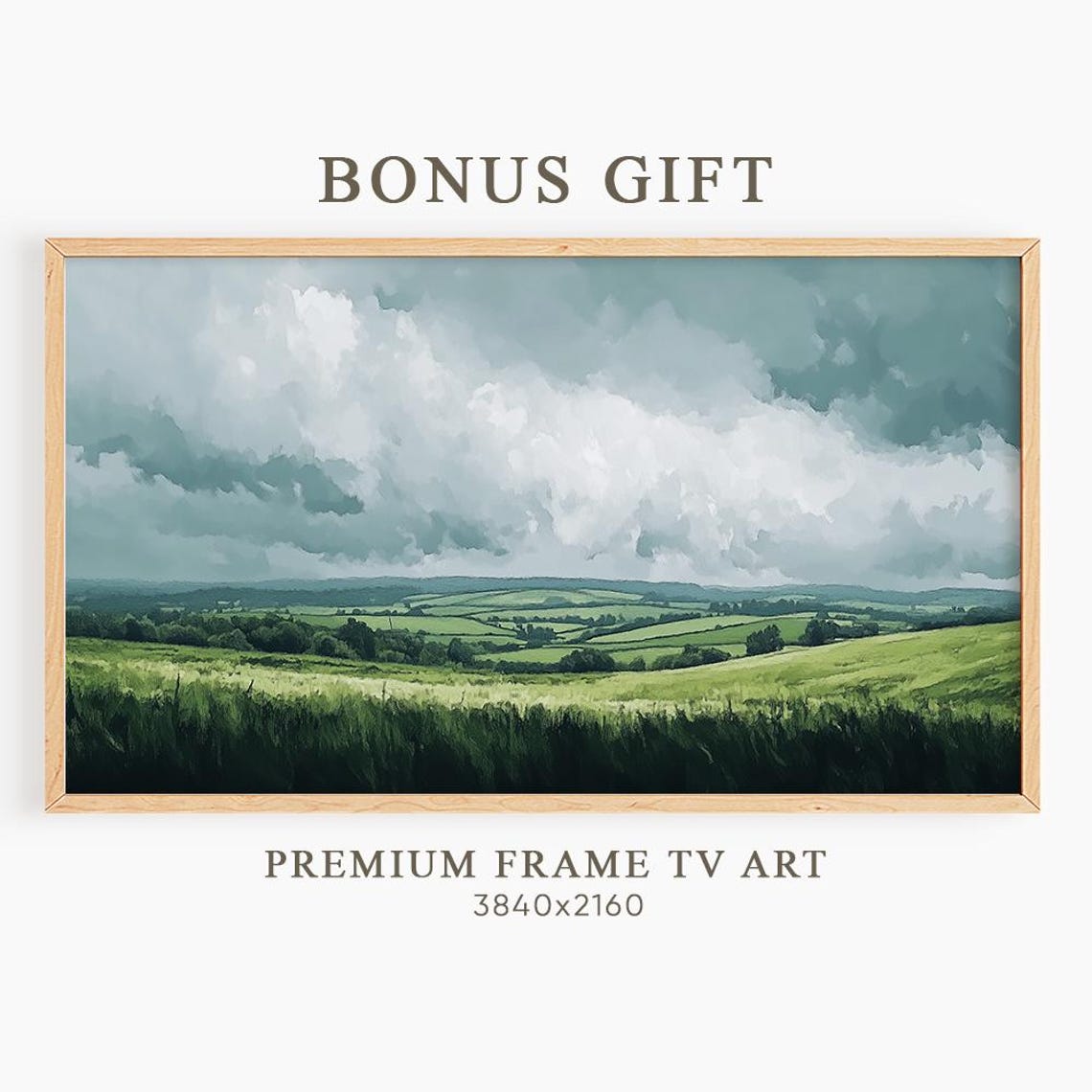 Green Prairie Meadow Under Billowing Clouds Landscape Wall Art - Image 6