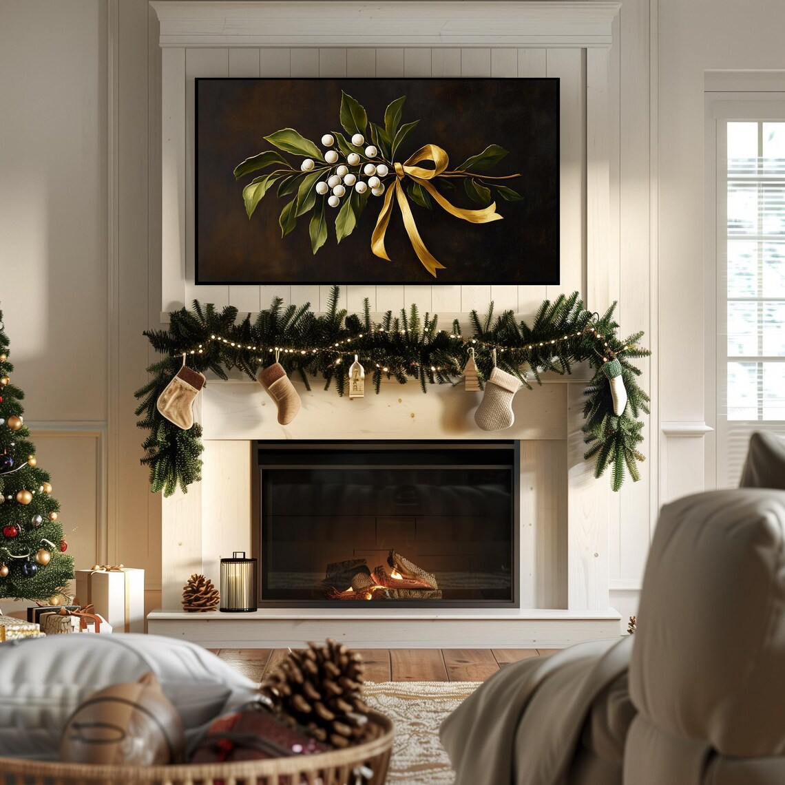Mistletoe with White Berries Tied in Gold Ribbon Holiday Wall Art - Image 7