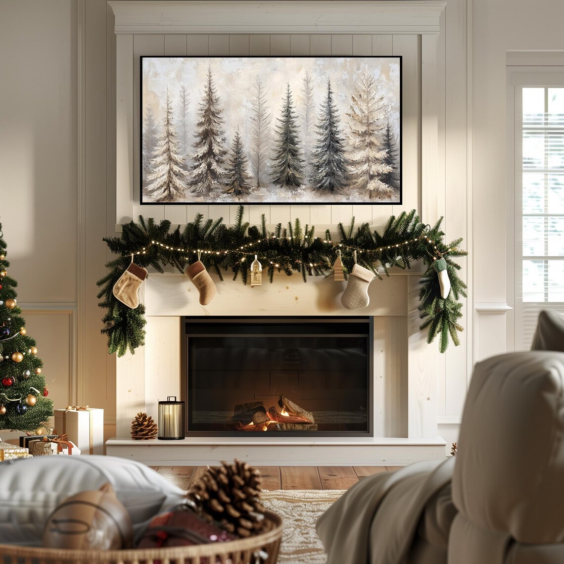 Row of Winter Pine Trees Gray Tones Forest Painting Wall Art - Image 7