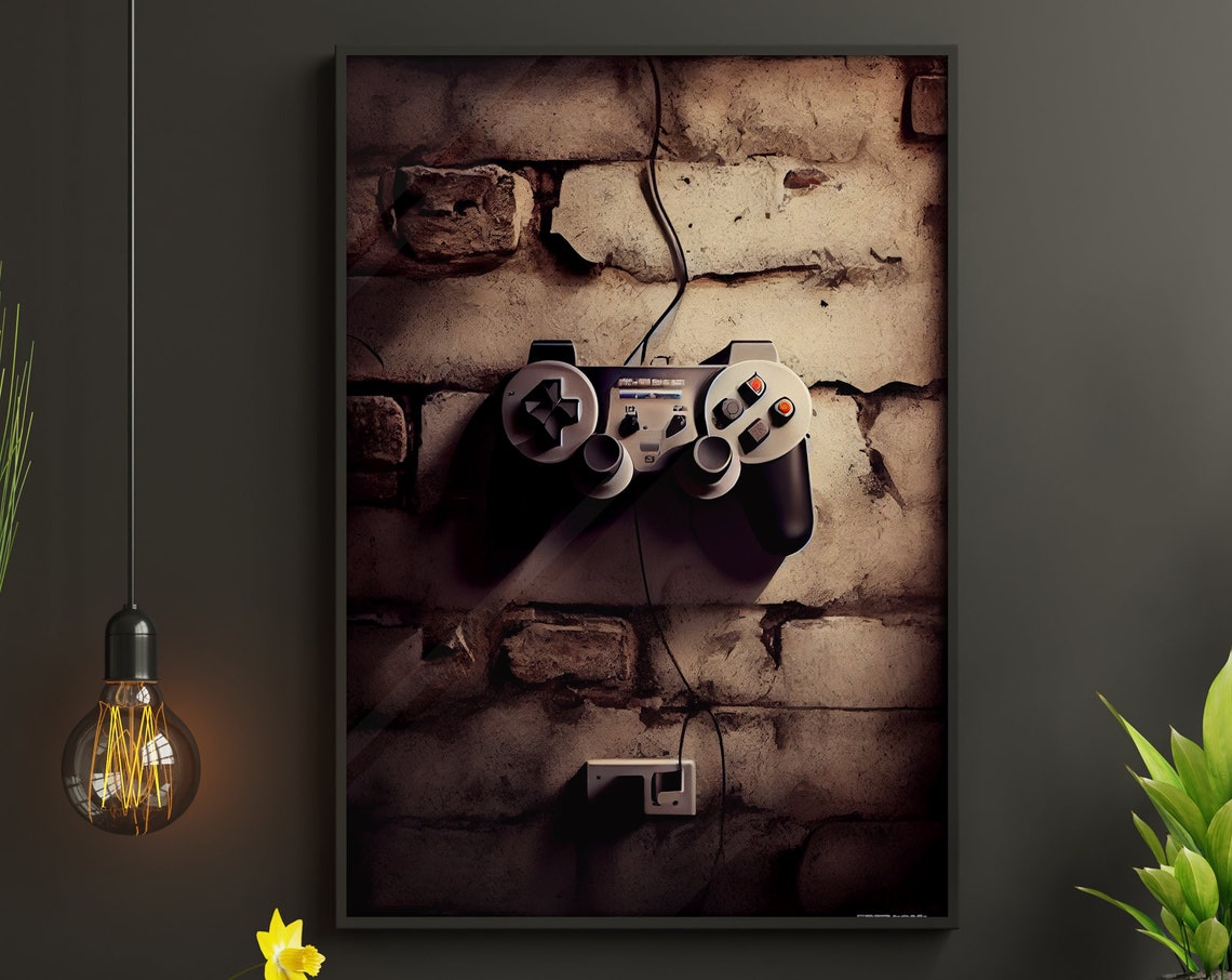 Realistic Game Controller Hanging on Brick Wall Warm Light Poster