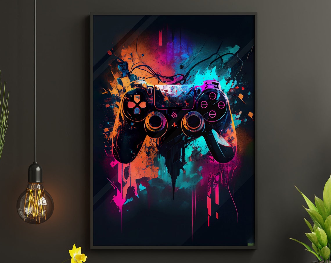 Graffiti Game Controller Neon Splash On Black Urban Street Art Poster