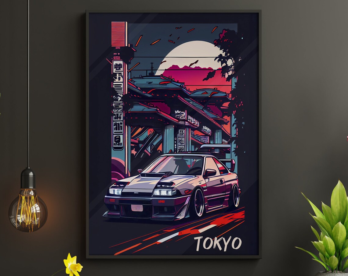 Tokyo Neon Night JDM Sports Coupe Japanese Street Art Poster