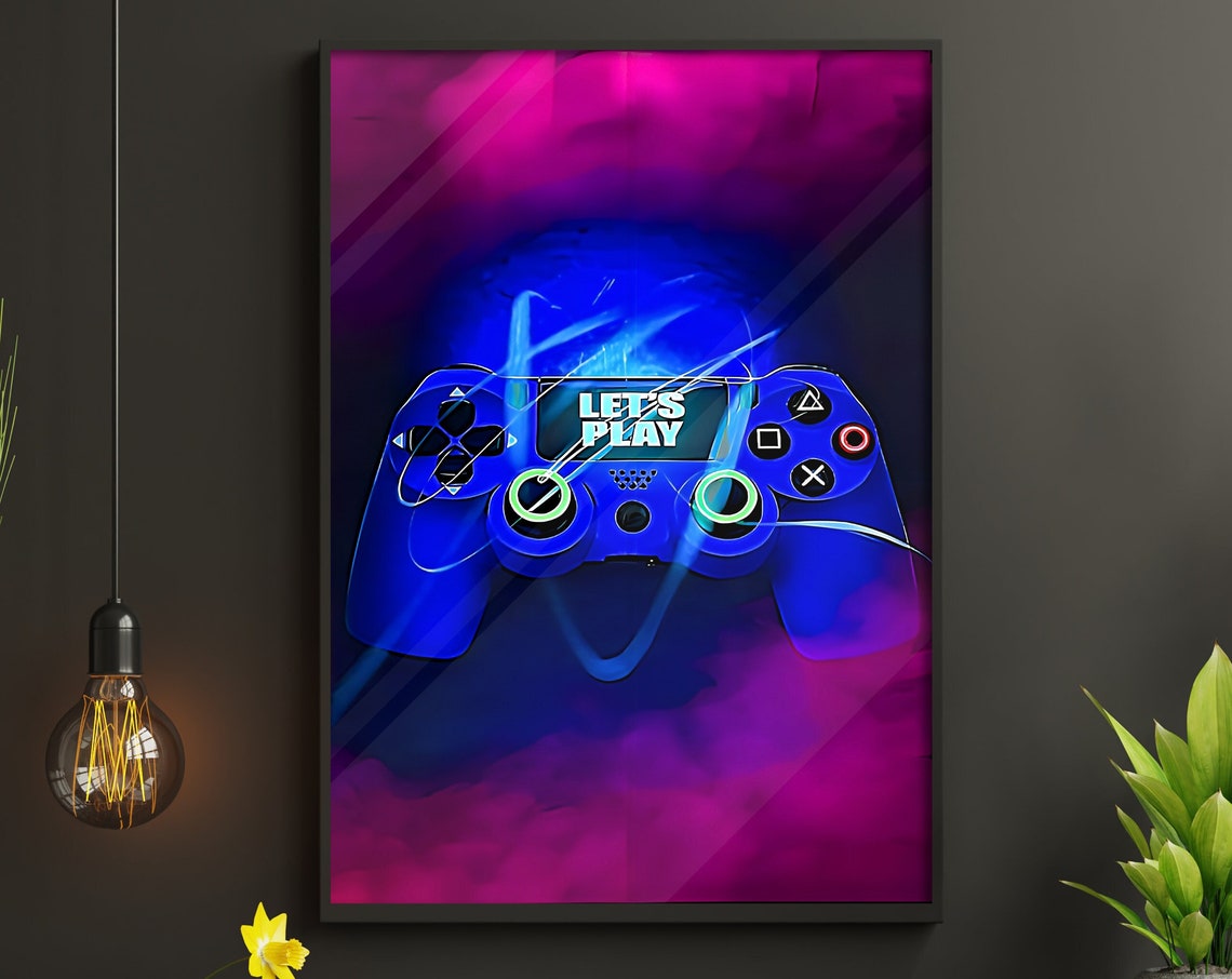 Lets Play Blue Neon Game Controller Pink Purple Glow Gaming Poster