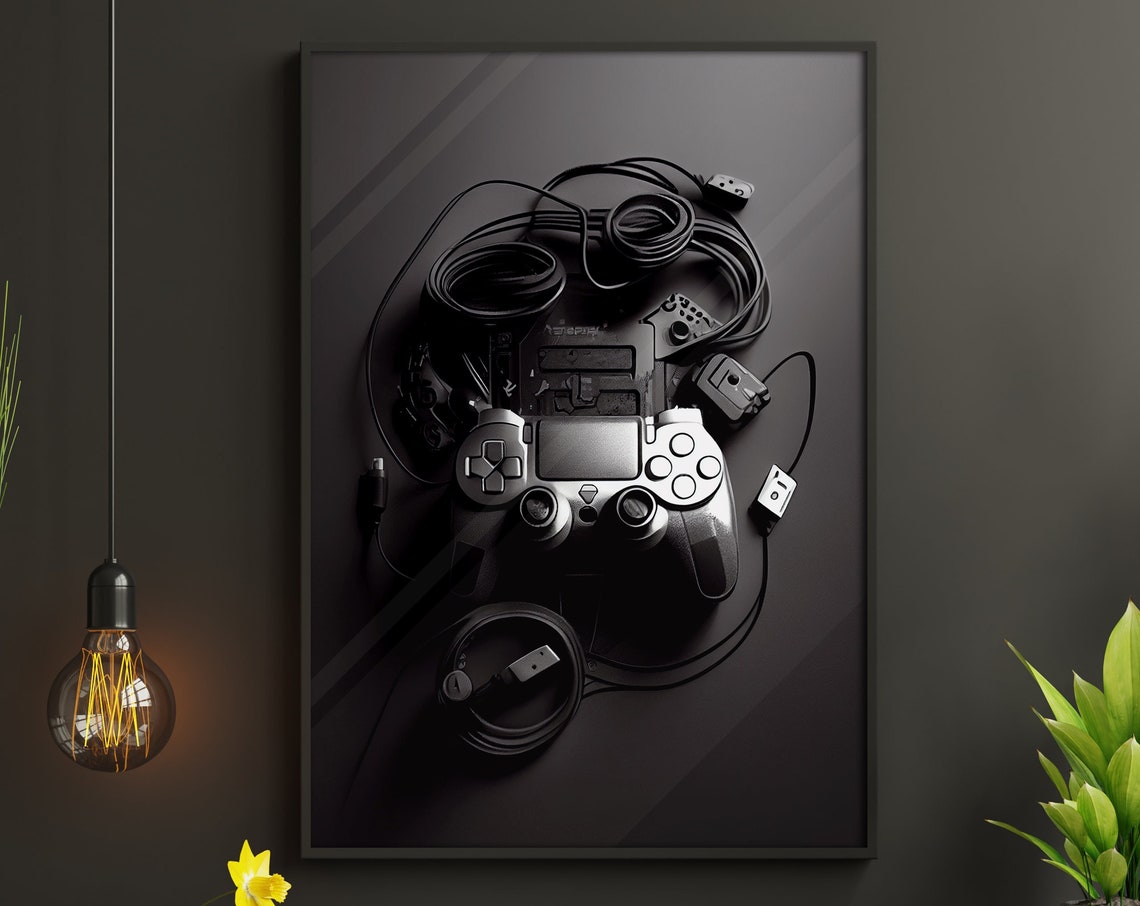 Dark Game Controller With Cables Moody Black Still Life Art Poster