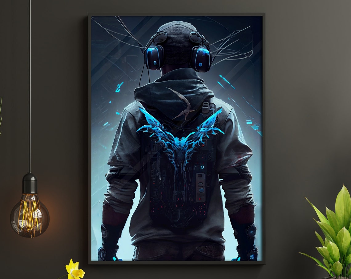 Gamer Back View With Headset And Glowing Blue Wings Cyber Art Poster
