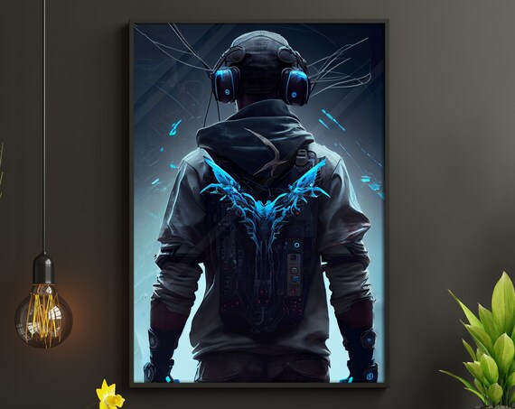 Gamer Back View With Headset And Glowing Blue Wings Cyber Art Poster