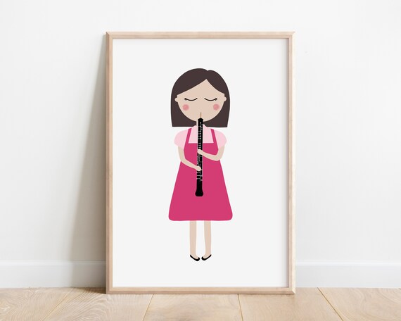 Girl Playing Black Oboe Magenta Dress Kids Music Instrument Art Poster