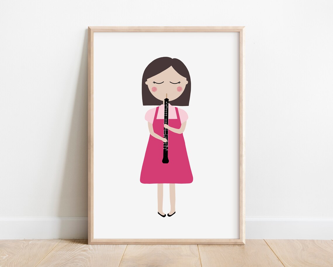 Girl Playing Black Oboe Magenta Dress Kids Music Instrument Art Poster