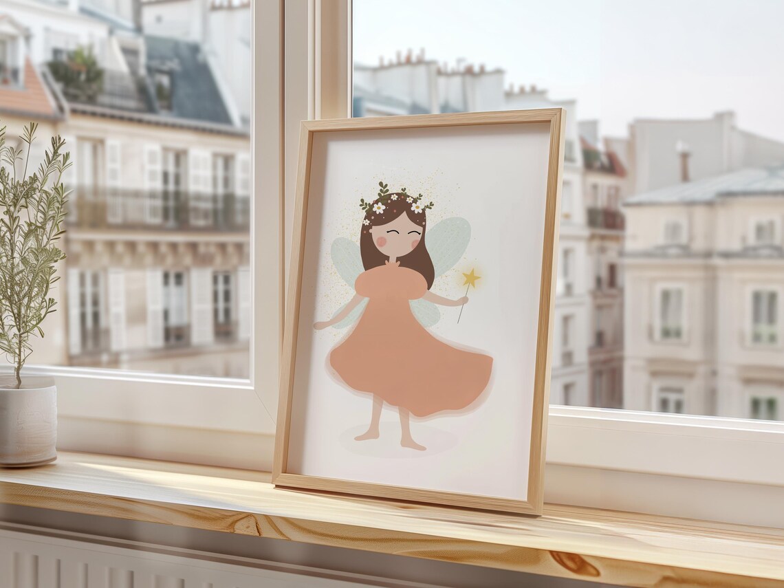 Flower Fairy Girl with Wand and Flower Crown Magical Nursery Art Poster - Image 3